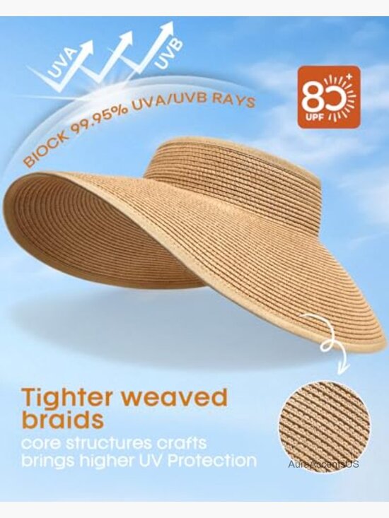 UPF 80+ Wide Brim Straw Sun Visor Hat for Women Foldable Adjustable